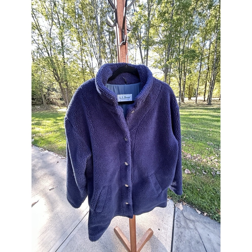 LL Bean Navy Blue Sherpa Fleece Button Up Jacket Size Large Cozy Warm Outerwear